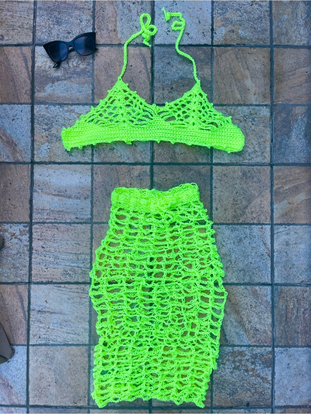 M Neon Lime Crochet Mesh 2 Piece Set | Fishnet Cover Up Bikini Top & Skirt | M
